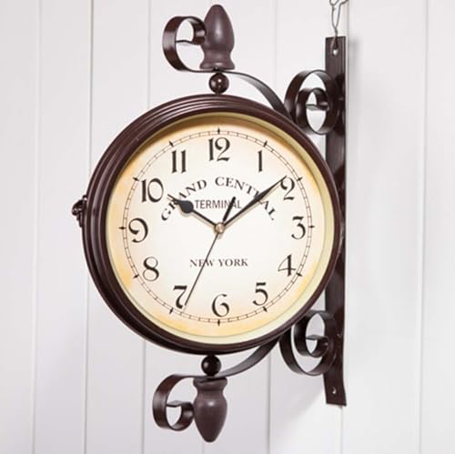 Horloge de jardin vintage double face – Décoration murale d'extérieur en métal à suspendre pour la maison