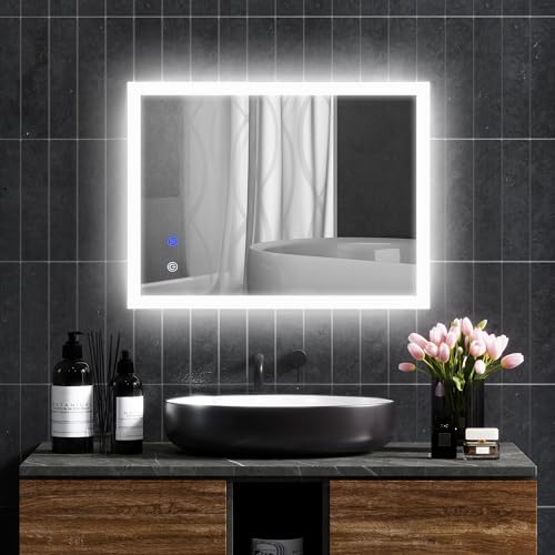 kleankin Espejo de Baño con Luces LED Regulable en 3 Colores, 80x60 cm, Espejo de Pared, Antivaho, Luces Retroiluminado, Función de Memoria, Ajuste de Brillo, Interruptor Táctil, Horizontal/Vertical