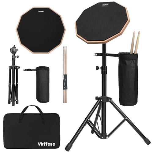 12 Inch Practice Drum Pad with Stand and Sticks, Beginner Snare Drum Pad with Drumsticks and Carrying Bag, Double Sided Silent Drum Pad (Black)