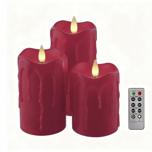 Image of Flameless Pillar Candles Flickering with Remote Timer, Battery Operated LED Candles Up to 400 Hours, 3D Moving Flame Real Wax Candles. (Red with Dripping Tear)
