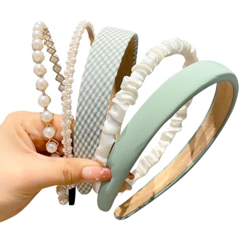 GSHLLO Conjunto de 5 faixas de cabelo femininas modernas com pérolas fofas, largas, vintage, faixas