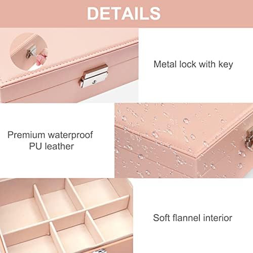 RUMIXI Jewellery Box Organiser for Women Girls, 2 Layers Large PU Leather Jewelry Storage Case with Removable Tray Lockable Travel Jewellery Box for Rings Earrings Necklace Bracelets Gift Box (Pink)