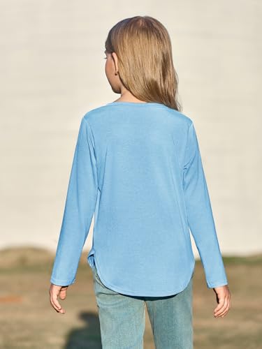 Image of Haloumoning Girls Long Sleeve T Shirts Kids Crewneck Tops 5-14 Years | Solid Color, Casual Loose Fit, Basic Tees, Curve Hem, Side Slit, Soft Tunic Tops, Fashion Clothes