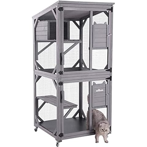 Wooden Cat House Outdoor and Indoor Run Large Cat Enclosure on Wheels 70.9" Upgraded Version Catio Cage with Reinforcement Wooden Strip,Waterproof Roof Cover