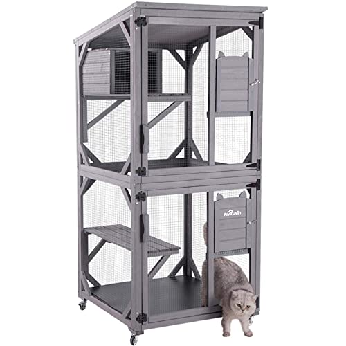 Wooden Cat House Outdoor and Indoor Run Large Cat Enclosure on Wheels 70.9 Upgraded Version Catio Cage with Reinforcement Wooden Strip Waterproof Roof (Medium Type-1)