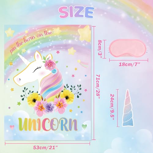 Image of WERNNSAI Pin the Horn on the Unicorn Birthday Party Game | Unicorn Birthday Decorations,Pin The Tail Game for Classroom Activities,28 inch x 21 inch Poster with 24 Stickers and Blindfold