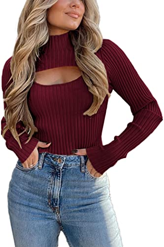 Image of PRETTYGARDEN Women's 2025 Fashion Fall Clothes 2 Piece Cutout Tops Long Sleeve Mock Neck Rib Knit Winter Pullover Sweater (Wine Red,Small)