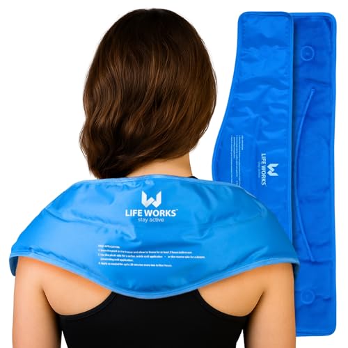 LIFE WORKS Gel Neck Ice Pack Wrap, Flexible Reusable Hot & Cold Pack, Soft Plush & Nylon Cover, Therapy Wrap for Neck, Shoulder & Upper Back Comfort, 23"x8"x5"