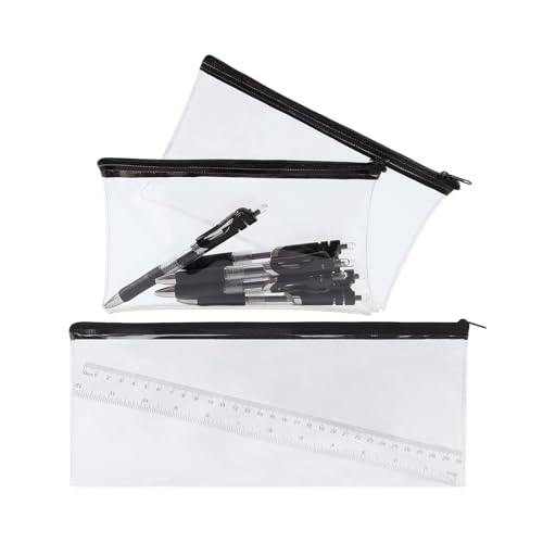 TEAMIOULING 3 Pcs Clear Pencil Case for Exams, Transparent See Through Exam Pencil Cases with Zipper, Large Long Clear Pencil Cases to Fit 30cm Ruler,Clearing Pencilcase Multipack for School Office