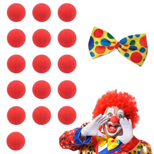 16 Piezas Nariz de Payaso de Espuma+Pajarita de Payaso, Narices de Payaso Rojo, Narices de Payaso de Espuma, Narices Falsas en Rojo para Disfraces, Nariz Payaso, Esponja Narices de Payaso