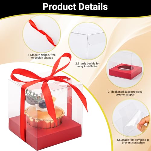 EUSOAR Disposable Clear Cupcake Holder, 12pcs 3.5 Inch Plastic Red Individual Cupcake Carrier with Ribbon, Single Transparent Display Clear Cupcake Wrappers for Wedding Birthday Favor Party - Thumbnail 3