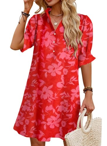 Image of Womens Summer Shirt Mini Dresses 2026 Beach | Flowy Shift Dress, Button V Neck, Polo Collar, Ruffle Short Sleeve, Floral Boho Style, Casual Vacation Outfits with Pockets