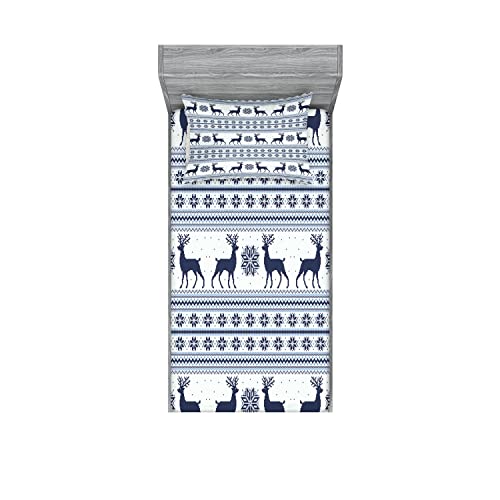 Ambesonne Nordic 2 Pack Fitted Sheet & Pillow Sham Set, Pixel Art Style Reindeer, 4 Pcs Bedding Decor, Package Contains 2 Twin Size Fitted Sheets & 2 Pillow Covers, Pale Blue Dark Blue