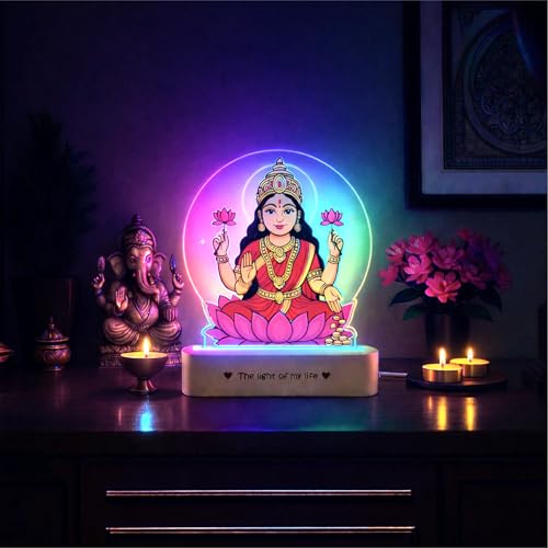 Image of ZOCI VOCI Goddess Lakshmi LED Lamp with Wooden Base - Laxmi Ji Night Light for Pooja Room, Lakshmi Photo Frame Lamp for Home Temple Decor, Diwali Gift, Spiritual (RGB Smooth - (No Remote))
