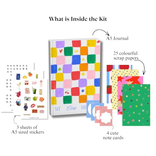 Image of Sunshine Club Aesthetic Junk Journaling & Scrapbook Kit | A5 Premium Notebook | 3 Playful Sticker Sheets | 25 Colourful Scrap Paper Sheets | 4 Note Cards | Perfect for Gifting (White)