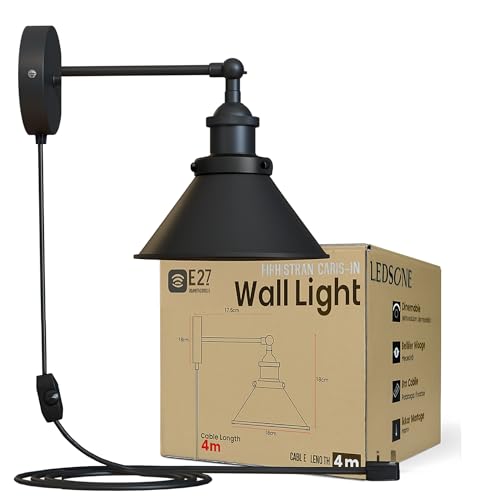 LEDSone Plug in Wall Light Indoor Metal 22cm Black Adjustable 4m Cable Cord and Dimmer Switch Industrial Wall Lamps & Sconces for Bedroom Living Room Kitchen, Bar, Restaurant