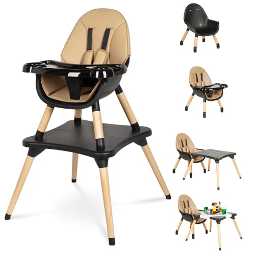 Image of 6 in 1 High Chair for Babies & Toddlers, Convertible Wooden Baby Highchair, Table and Chair Set, Baby Feeding Chair, 5-Point Adjustable Harness/4-Position Removable Tray& PU Seat Cushion (Black)