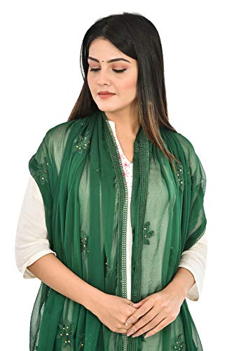 Image of YOUTHQUAKE Flower Embroidered Diamond Work Chiffon Dupatta for Womens & Girls With 4 Side Lace