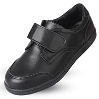 Mioceko Boys School Shoes Kids Trainers Hook and Loop Leather Classic Formal Uniform Shoes All Black 2.5 UK