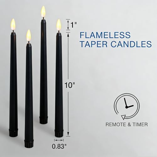 Image of Black Halloween Flameless Taper Candles with Remote, Flickering Battery LED Candlesticks Decor Set of 4