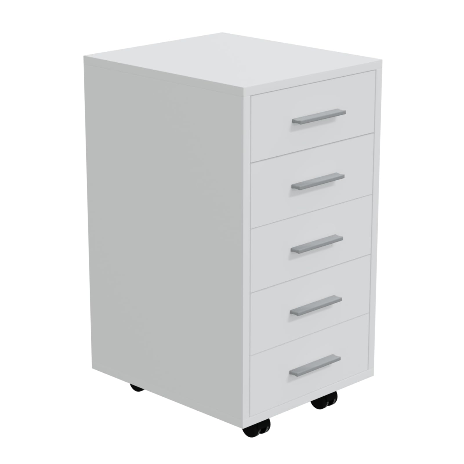 HAGO24 | Rollcontainer | Bürocontainer | Büroschrank | Aktenschrank | Rollschrank | 5 Schubladen | Aluminium-Griffe | Möbelrollen | 360° schwenkbar | Weiß |