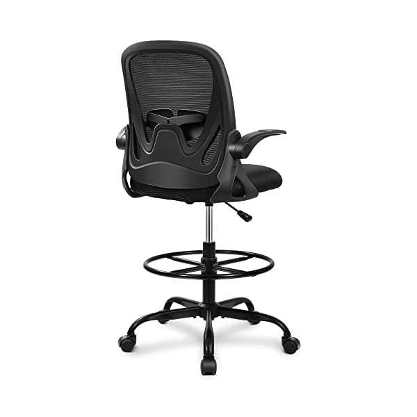 Primy Drafting Chair Tall Office Chair with Flip-up Armrests Executive Ergonomic Computer Standing Desk Chair with Lumbar Support and Adjustable Footrest Ring (Black)