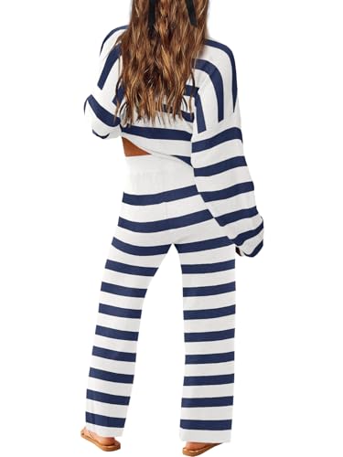 Image of LAMISSCHE Oversized Womens Lounge Set Striped Sweater Set Long Sleeve 2 Piece Pajama Set Top and Pants with Pockets