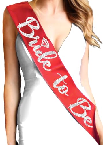 Bride Sash Red - Silver Sparkle Diamond Bride To Be BRIDAL GRADE Satin Sash - Red Sash(SlvDiaB2B)