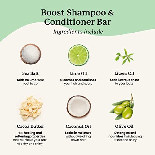NATURL Boost Volumizing Shampoo and Conditioner Bar Set with Sea Salt and Lime Oil for Fine or Oily Hair, Free of Silicone, Paraben, Phthalate, Gluten, Citrus Scent, 2 Count