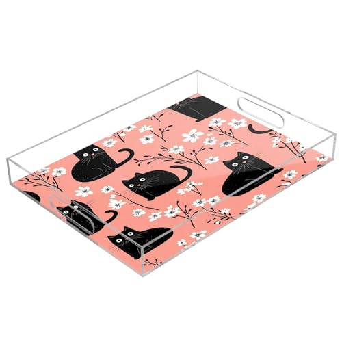 BOESI Doodle Black Cat and Flower Acrylic Decorative Dining Tray, Acrylic Decorative Tray Organizer with Handle for Kitchen, Dining Room, Bathroom, Dresser
