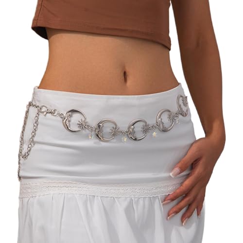 Metal Link Chain Belly Belt,Silver Sun Moon Pendant Waist Chain Belt,Summer Sunflower Waist Jewelry,Stars Waist Belt for Women Dress Pants2