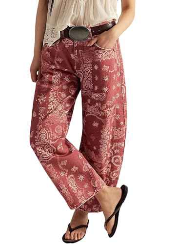 loveimgs Women Boyfriend Baggy Barrel Jeans Floral Print Denim Ankle Pants Wide Leg Mid Rise Jeans Sweatpants Y2k Patchwork (Medium,Rose red)