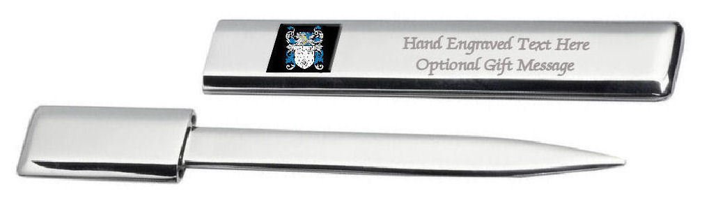 Dadley Family Crest Surname Coat of Arms Heraldry Engraved Letter Opener