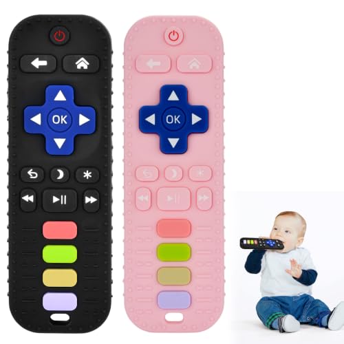 Image of 2 Pack Teether Toy for Babies Over 3 Months, TV Remote Control Shape Silicone Teething Toys for Infants 6-12 Months, Boys Girls Baby Teething Toys, Babies Chew Toys, Freezer BPA Free