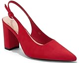 Junayuan Womens Pointed Toe Block Heel Pumps Slingback Chunky Heel Slip On Evening Party Dress Shoes Red