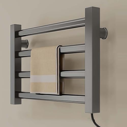 RVUEM Toallero EléCtrico, Toallero Inteligente, Radiador De Pared, Calentador De Toallas EléCtrico PequeñO, 80 W, Temperatura Constante De 55 °C, 4 Barras, Enchufable, para BañO,Gris,Left Line