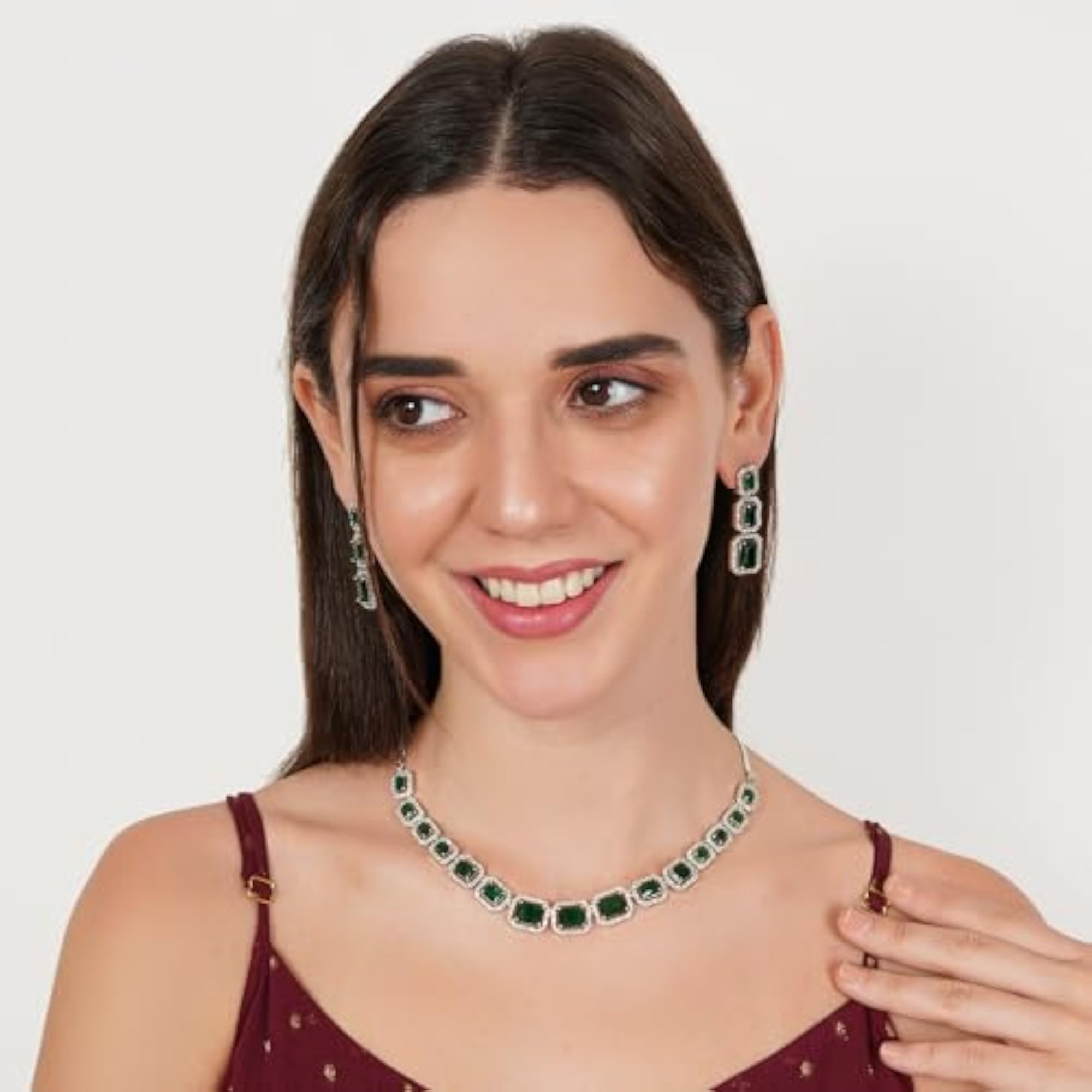 Green American Diamond Necklace Set with Earrings, Stylish Gift