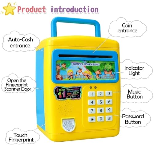 Image of High Trusted Kids Modern Money Safe ATM Machine, Finger Print Smart Sensor ATM Savings Money Bank with Electronic Lock (Blue)