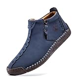 FLYLAND Men's Casual Leather Handmade Shoes Fashion Sneakers Ankle Chukka Boots Lightweight Mid-top Dress Shoes Walking Driving Shoes Blue 8