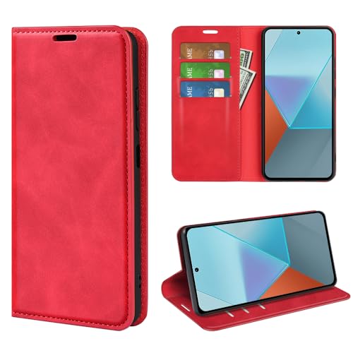 Cover per Xiaomi Redmi Note 13 Pro 5G POCO X6 5G Custodia a Libro pelle Flip Case Portafoglio con Porta Carte Chiusura Magnetica Interna Silicone Morbido per POCO X6 5G Rosso