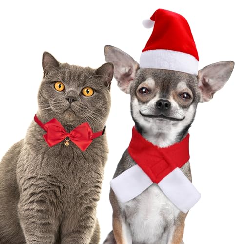 Kiiwah 3pcs Christmas Cat Dog Costume Set, Red Polyester, Small to Medium, Christmas Pet Costume