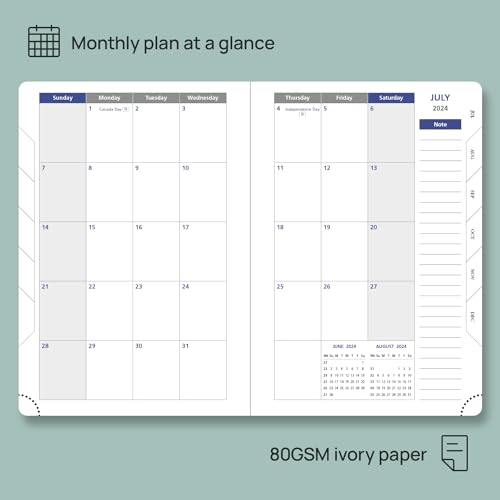 POPRUN Daily Planner 2024-2025 One Page per Day - Academic Calendar (July24- June25) Hourly Appointment Book with Vegan Leather Hardcover,Monthly Tabs&Pocket, 5.75\" x 8.5\" - Brown