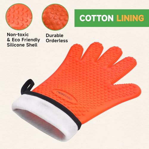 Image of GEEKHOM BBQ Gloves Heat Resistant Oven Mitts - Silicone Grilling Gloves with 13.7 inch Arm Protection - Waterproof Pot Holder Non-Slip for Men & Women, Kitchen Outdoor Cooking, Baking, Camping, Orange