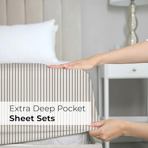 Extra Deep Split King Sheet Set - 7 Piece Breathable & Cooling Sheets - Hotel Luxury Bed Sheets Set - Easy Fit - Soft, Wrinkle Free & Comfy Sheets Set - Beige Striped Sheet Set w/Extra Deep Pockets - 2
