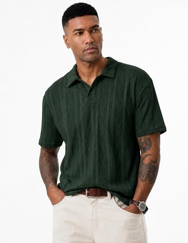 Image of JMIERR Mens Polo Shirt Textured Knit Button Casual Short Sleeve Summer Vacation Beach Stretchy Golf Shirts