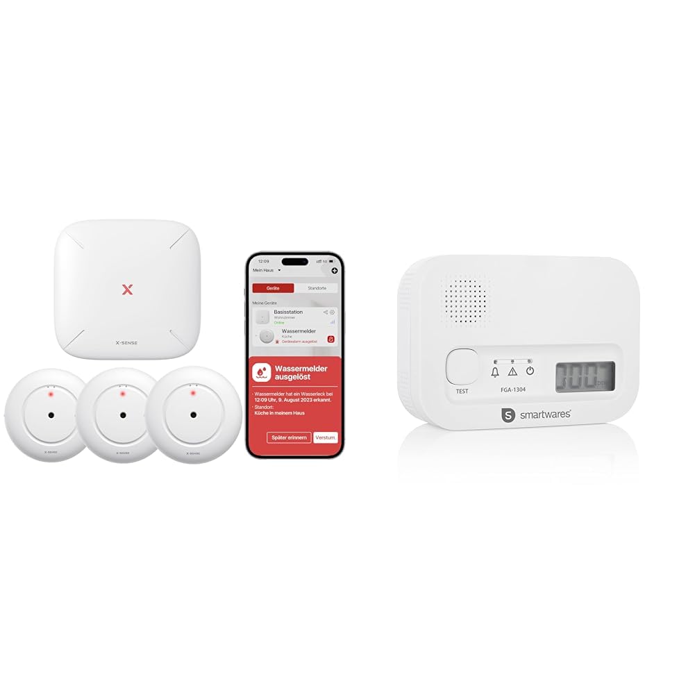 X-Sense Smart Wassermelder mit Batterie, WLAN Wassersensor & Smartwares FGA-13041 Kohlenmonoxid-Melder, 10 Jahre Sensor