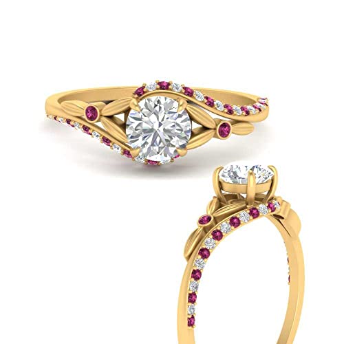 Image of 55Carat Choose Your Gemstone Floral Accent Swirl Diamond CZ Ring Yellow Gold Plated Round Shape Halo Engagement Rings Everyday Jewelry Wedding Jewelry Handmade Gifts for Wife US Size 4 to 12