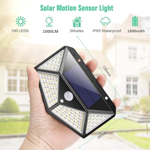Image of Outdoor Solar Lights with 3 Modes & 100 LEDs Motion-Sensor Security Lights with 270 Lighting Angle & IP65 Waterproof Wall Lights Bright, Backyard Garden Fence Patio Front Door 1-Piece Set of