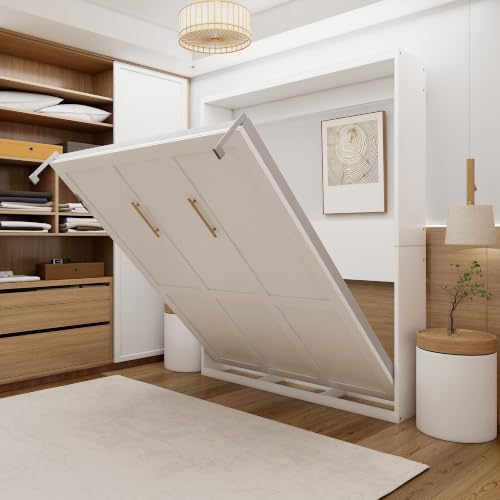 Image of KEIKI Queen Size Vertical Cabinet Murphy Bed with Solid Slats, White