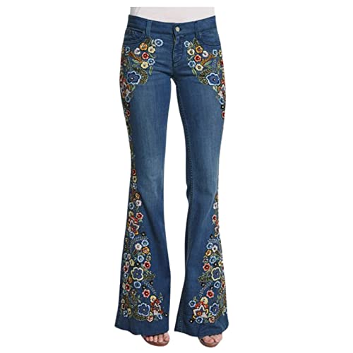 Flared Jeans for Women 70s High Waisted Jeans Lightweight Denim Embroidered Pants Bootcut Bell Bottom Jeans